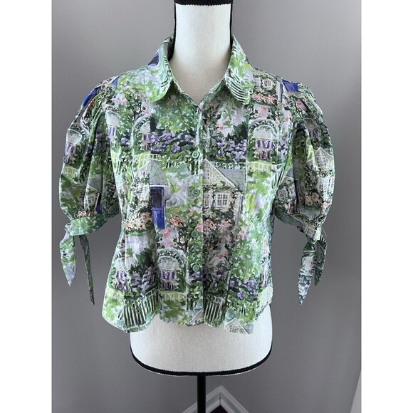 En Saison Tops - En Saison Garden Print Short Sleeve Button Down Blouse Size Medium EUC